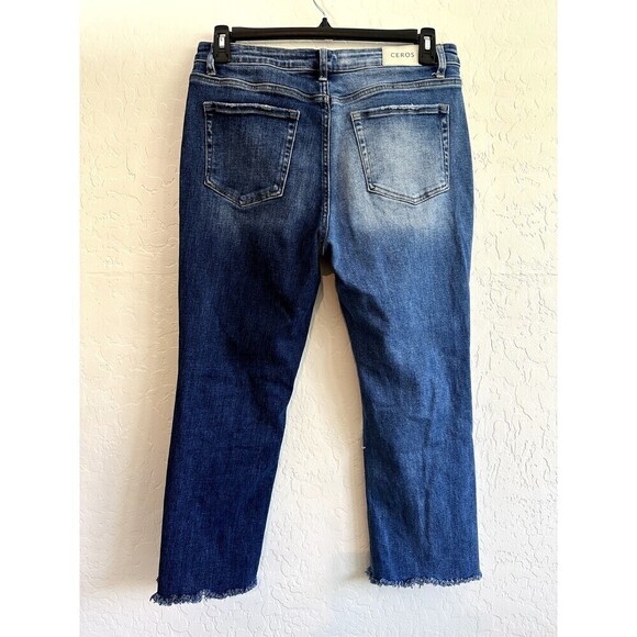 Ceros Distressed Straight Asymmetrical Front Woman's Jeans Size 30 Denim Blue - Picture 15 of 16